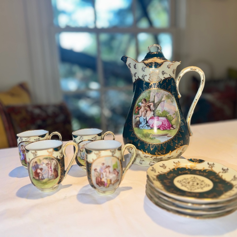 Altrohlau Austria Chocolate / Coffee Pot, 4 Demitasse Cups & Saucers
